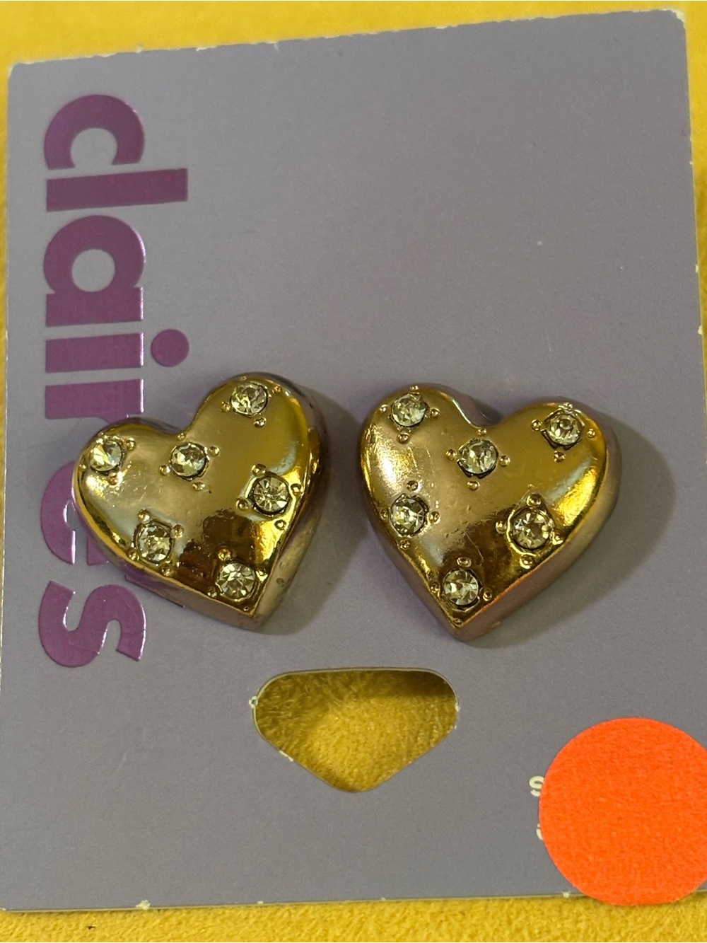 Claire's Gold Heart Stud Earrings with Clear Rhinestones